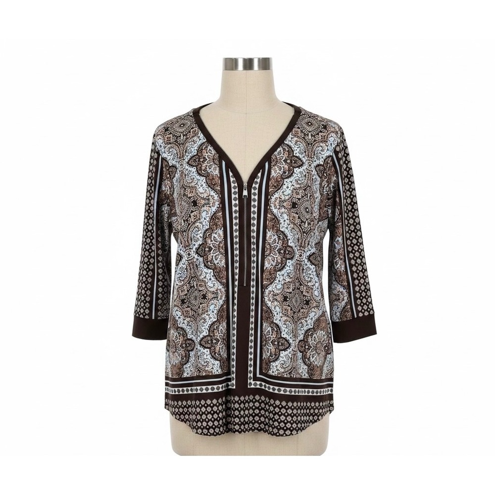 Belle by Kim Gravel Paisley Zip Front Tunic Top Brown Blue 1X